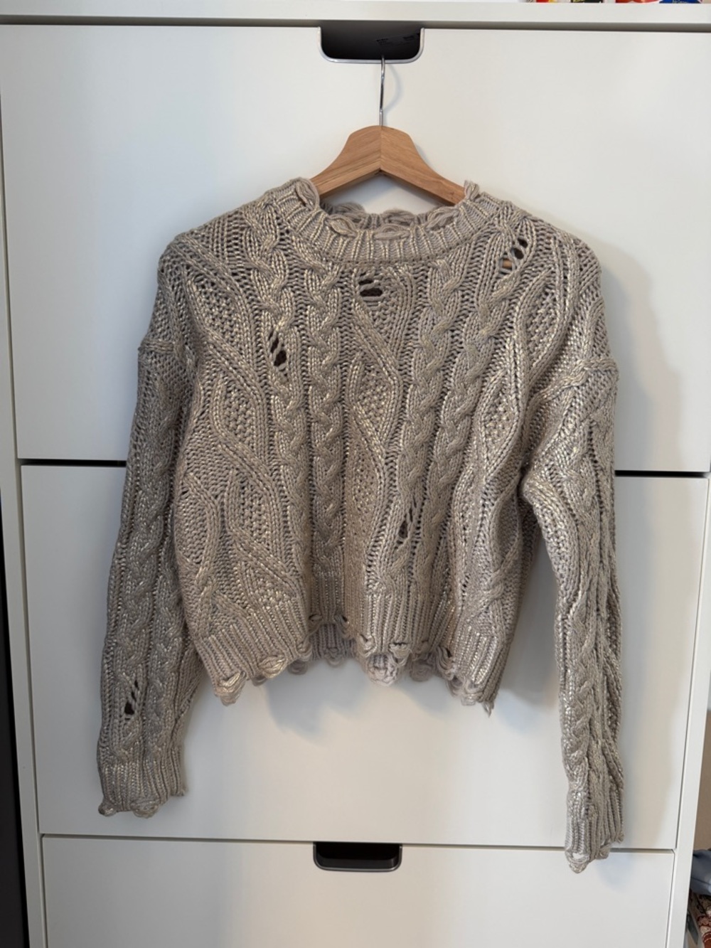 Zara Taupe Distressed Cable Knit Cropped Crewneck Sweater B1 - Picture 1 of 9